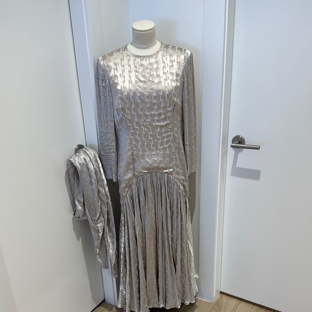 Silver Pleated Long Sleeve Gown for Brides
